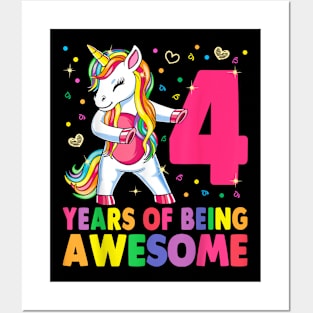 4 Years Old Unicorn Flossing 4Th Birthday Girl Unicorn Party Posters and Art